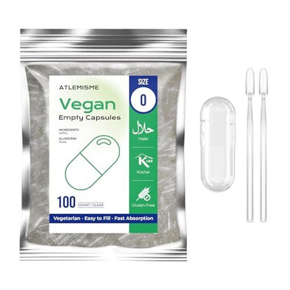 ATLEMISME Leere vegane Kapseln Größe 0 – 100 Stück pflanzliche Kapseln mit 2 Mikro-Labellöffeln