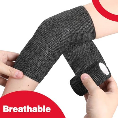 AZEN 12er-Pack Schwarze Selbstklebende Bandage, 7,6 cm x 4,6 m, elastische Kohäsivbinde, Veterinärbinde, Knöchelbandage, Tattoo-Griffbandage