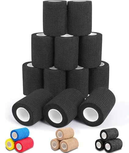 AZEN 12er-Pack Schwarze Selbstklebende Bandage, 7,6 cm x 4,6 m, elastische Kohäsivbinde, Veterinärbinde, Knöchelbandage, Tattoo-Griffbandage