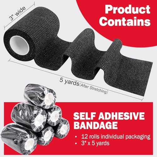 AZEN 12er-Pack Schwarze Selbstklebende Bandage, 7,6 cm x 4,6 m, elastische Kohäsivbinde, Veterinärbinde, Knöchelbandage, Tattoo-Griffbandage