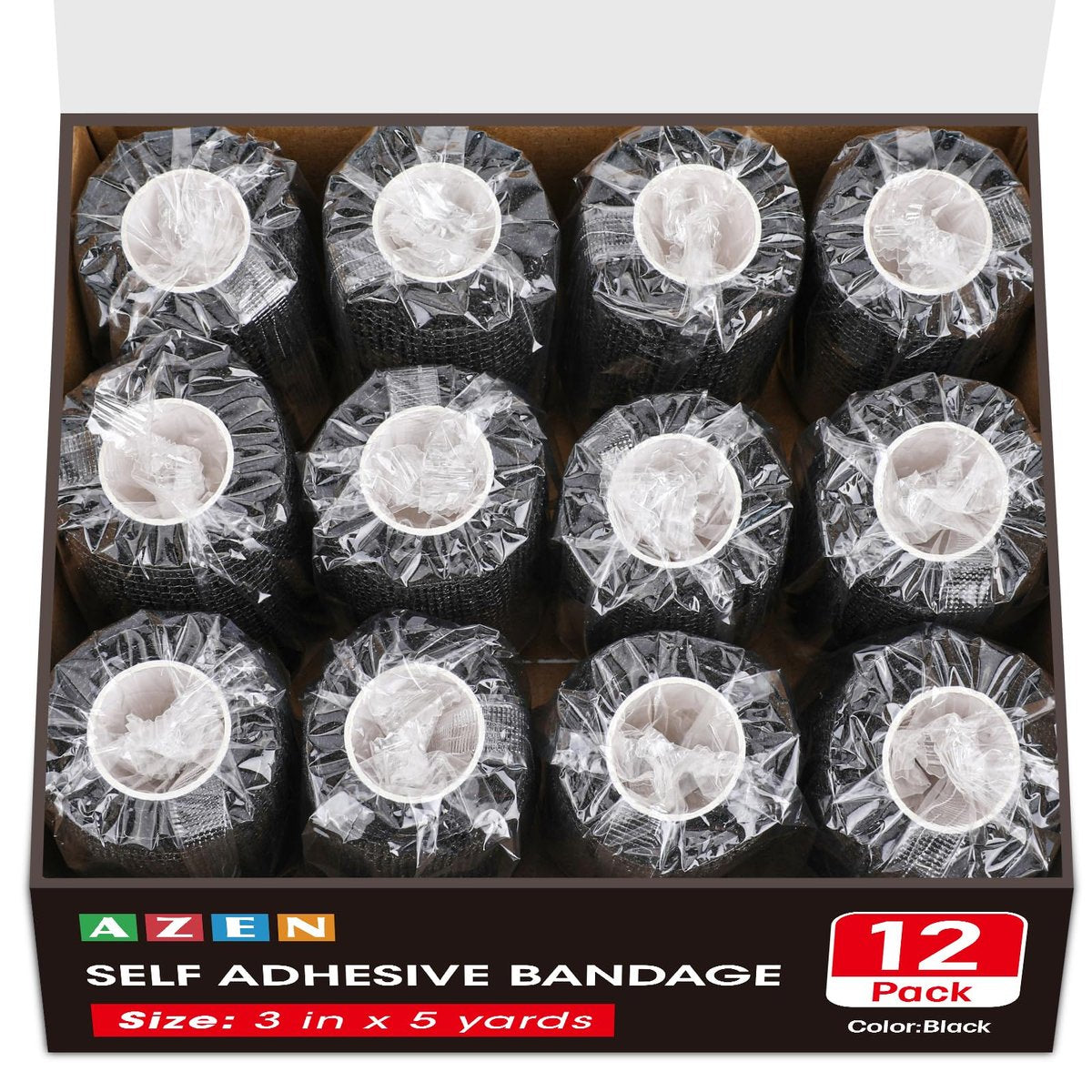AZEN 12er-Pack Schwarze Selbstklebende Bandage, 7,6 cm x 4,6 m, elastische Kohäsivbinde, Veterinärbinde, Knöchelbandage, Tattoo-Griffbandage