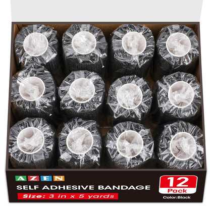 AZEN 12er-Pack Schwarze Selbstklebende Bandage, 7,6 cm x 4,6 m, elastische Kohäsivbinde, Veterinärbinde, Knöchelbandage, Tattoo-Griffbandage
