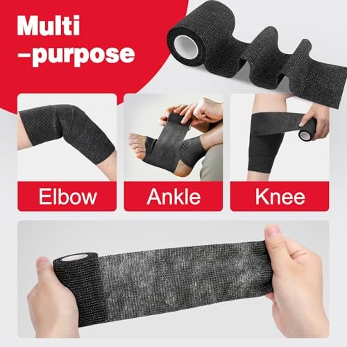 AZEN 12er-Pack Schwarze Selbstklebende Bandage, 7,6 cm x 4,6 m, elastische Kohäsivbinde, Veterinärbinde, Knöchelbandage, Tattoo-Griffbandage