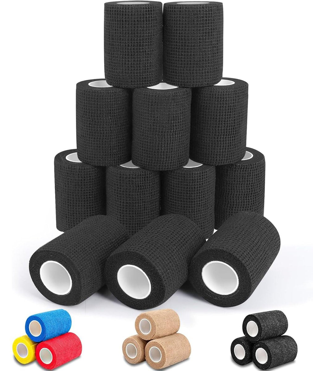 AZEN 12er-Pack Schwarze Selbstklebende Bandage, 7,6 cm x 4,6 m, elastische Kohäsivbinde, Veterinärbinde, Knöchelbandage, Tattoo-Griffbandage