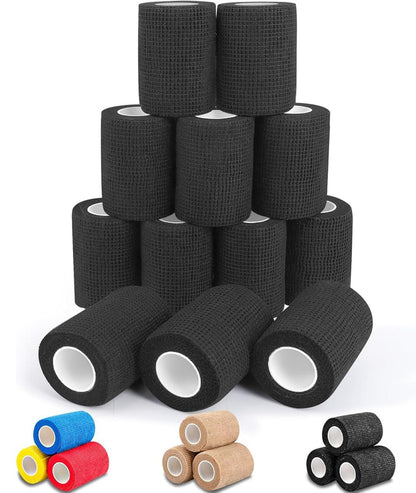 AZEN 12er-Pack Schwarze Selbstklebende Bandage, 7,6 cm x 4,6 m, elastische Kohäsivbinde, Veterinärbinde, Knöchelbandage, Tattoo-Griffbandage