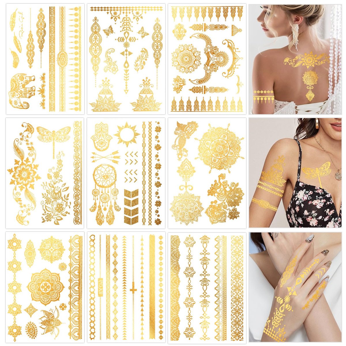 Konsait 9 Blätter Metallic-Tattoos, aufwendige florale Elefantenmuster, temporäre Gold-Tattoos für Frauen, Mädchen, Partys, Make-up, Cosplay, Festival-Accessoires