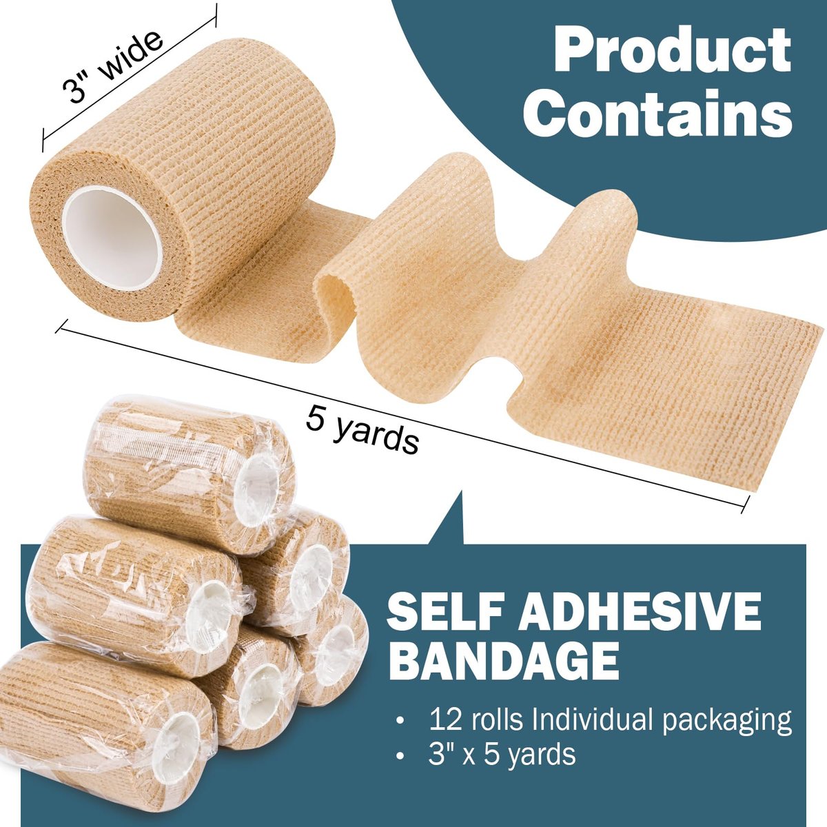 AZEN 12er Pack Selbstklebende Bandage, 3" x 5 Yards, Elastische Kohäsivbandage, Vet Wrap, Knöcheltape, Tattoo Grip Tape, hautfarbenes Sporttape