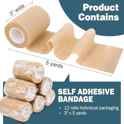 AZEN 12er Pack Selbstklebende Bandage, 3" x 5 Yards, Elastische Kohäsivbandage, Vet Wrap, Knöcheltape, Tattoo Grip Tape, hautfarbenes Sporttape