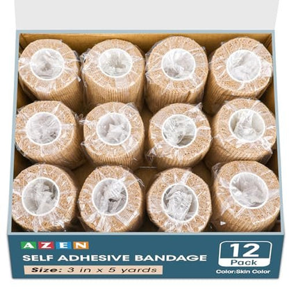 AZEN 12er Pack Selbstklebende Bandage, 3" x 5 Yards, Elastische Kohäsivbandage, Vet Wrap, Knöcheltape, Tattoo Grip Tape, hautfarbenes Sporttape