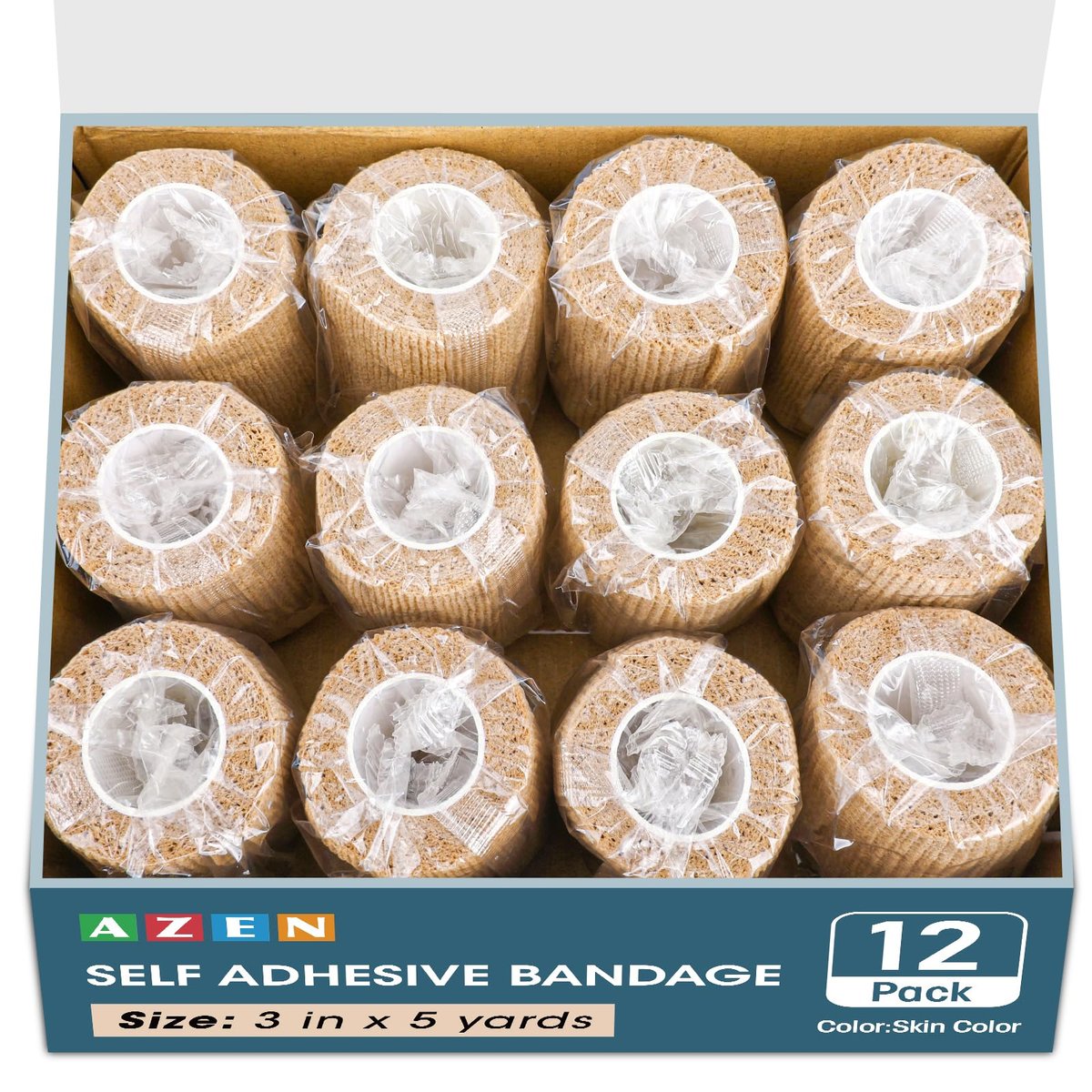 AZEN 12er Pack Selbstklebende Bandage, 3" x 5 Yards, Elastische Kohäsivbandage, Vet Wrap, Knöcheltape, Tattoo Grip Tape, hautfarbenes Sporttape