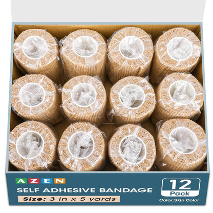 AZEN 12er Pack Selbstklebende Bandage, 3" x 5 Yards, Elastische Kohäsivbandage, Vet Wrap, Knöcheltape, Tattoo Grip Tape, hautfarbenes Sporttape