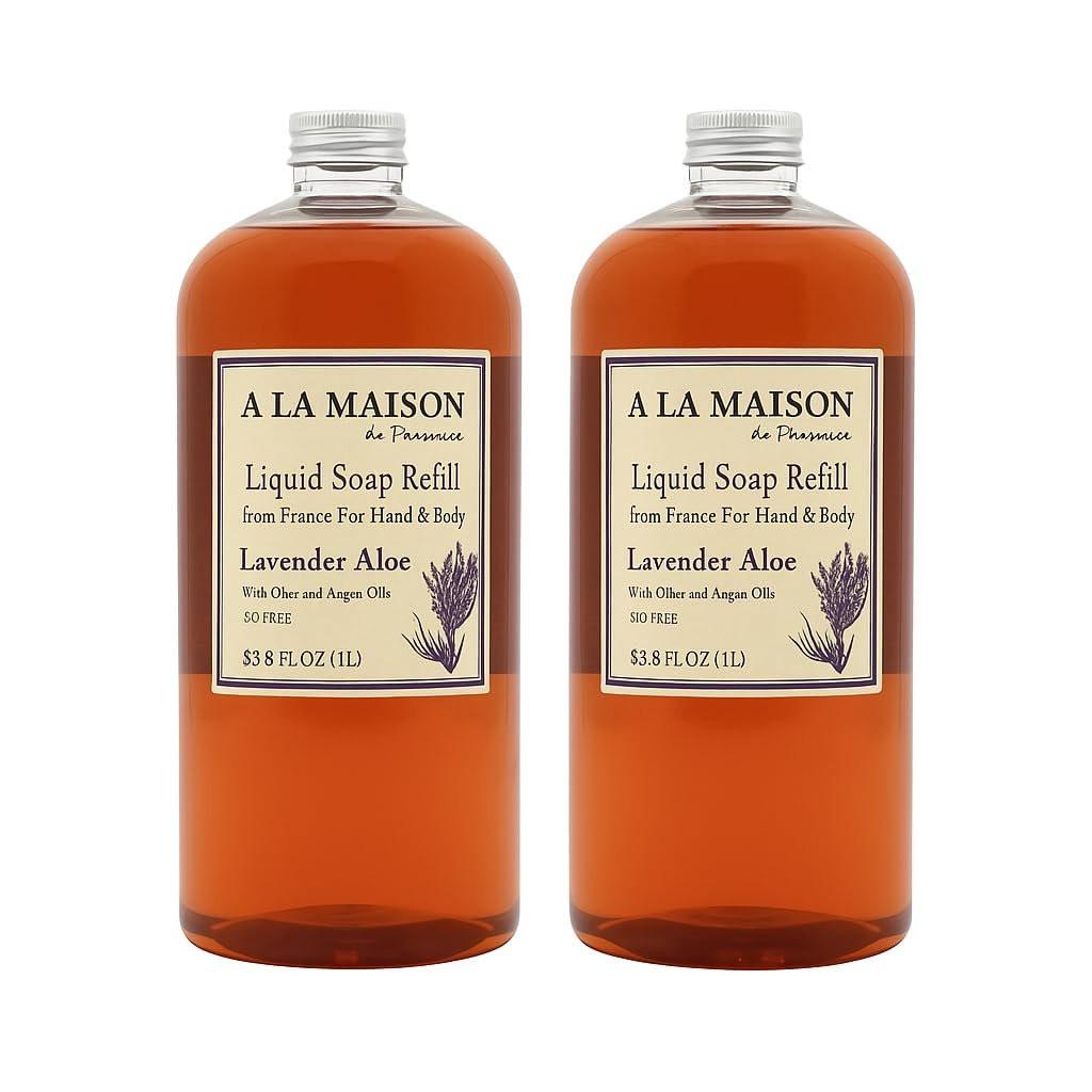 A LA MAISON Lavendel Aloe Bio Handseife mit ätherischen Ölen – biologisch abbaubar, pflanzlich, vegan, tierversuchsfrei – 33,8 Fl Oz Nachfüllflaschen, 2er-Pack