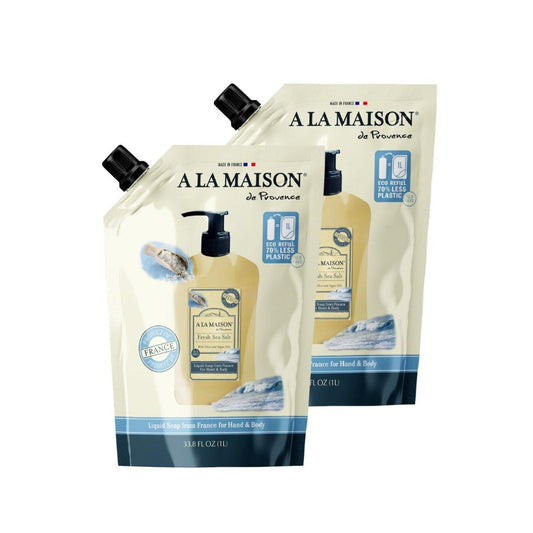 A LA MAISON French Liquid Hand Soap Eco-Friendly Refill Pouch, Fresh Sea Salt - Natürliche Handseife mit ätherischen Ölen - biologisch abbaubar, pflanzlich, vegan, alkohol- & parabenfrei (33,8 oz, 2er-Pack)