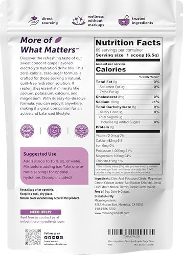 Micro Ingredients Hydration Electrolyte Pulver, 453 g (69 Portionen) | Concord Traube Geschmack | Hoher Kaliumgehalt (1.000 mg) + Kokoswasser | Zuckerfrei, Keto-freundlich | Non-GMO