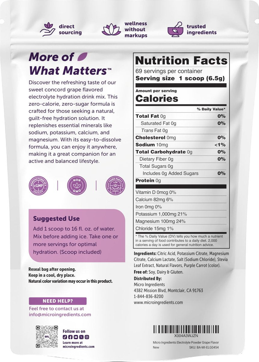 Micro Ingredients Hydration Electrolyte Pulver, 453 g (69 Portionen) | Concord Traube Geschmack | Hoher Kaliumgehalt (1.000 mg) + Kokoswasser | Zuckerfrei, Keto-freundlich | Non-GMO