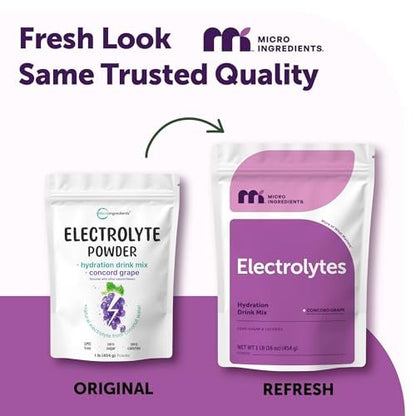 Micro Ingredients Hydration Electrolyte Pulver, 453 g (69 Portionen) | Concord Traube Geschmack | Hoher Kaliumgehalt (1.000 mg) + Kokoswasser | Zuckerfrei, Keto-freundlich | Non-GMO