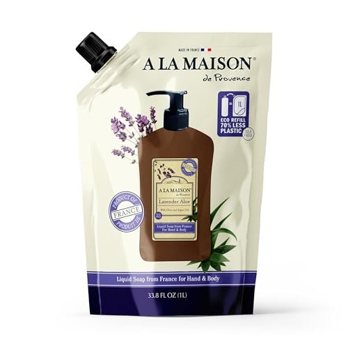 A LA MAISON French Liquid Hand Soap Nachfüllbeutel - Natürliche Handseife mit ätherischen Ölen - Biologisch abbaubar, pflanzlich, vegan, tierversuchsfrei (33,8 Fl Oz Beutel (1er Pack), Lavendel Aloe)