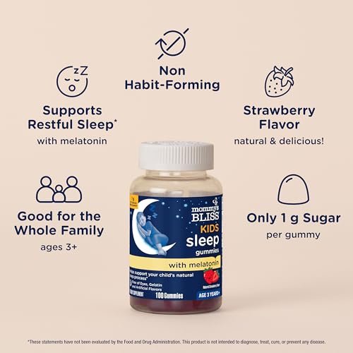 Mommy's Bliss Kids Schlaf Melatonin Gummis, nicht gewohnheitsbildend, ohne künstliche Farbstoffe, Aromen oder Gelatine - ab 3 Jahren - Erdbeergeschmack - 100 Schlafgummis