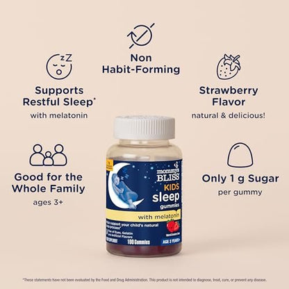 Mommy's Bliss Kids Schlaf Melatonin Gummis, nicht gewohnheitsbildend, ohne künstliche Farbstoffe, Aromen oder Gelatine - ab 3 Jahren - Erdbeergeschmack - 100 Schlafgummis