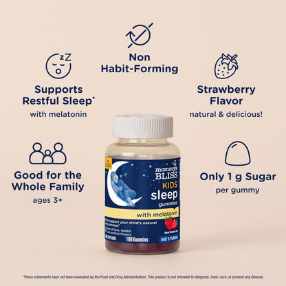 Mommy's Bliss Kids Schlaf Melatonin Gummis, nicht gewohnheitsbildend, ohne künstliche Farbstoffe, Aromen oder Gelatine - ab 3 Jahren - Erdbeergeschmack - 100 Schlafgummis