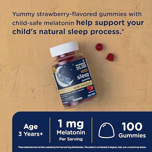 Mommy's Bliss Kids Schlaf Melatonin Gummis, nicht gewohnheitsbildend, ohne künstliche Farbstoffe, Aromen oder Gelatine - ab 3 Jahren - Erdbeergeschmack - 100 Schlafgummis