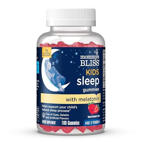 Mommy's Bliss Kids Schlaf Melatonin Gummis, nicht gewohnheitsbildend, ohne künstliche Farbstoffe, Aromen oder Gelatine - ab 3 Jahren - Erdbeergeschmack - 100 Schlafgummis