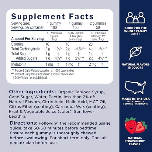Mommy's Bliss Kids Schlaf Melatonin Gummis, nicht gewohnheitsbildend, ohne künstliche Farbstoffe, Aromen oder Gelatine - ab 3 Jahren - Erdbeergeschmack - 100 Schlafgummis