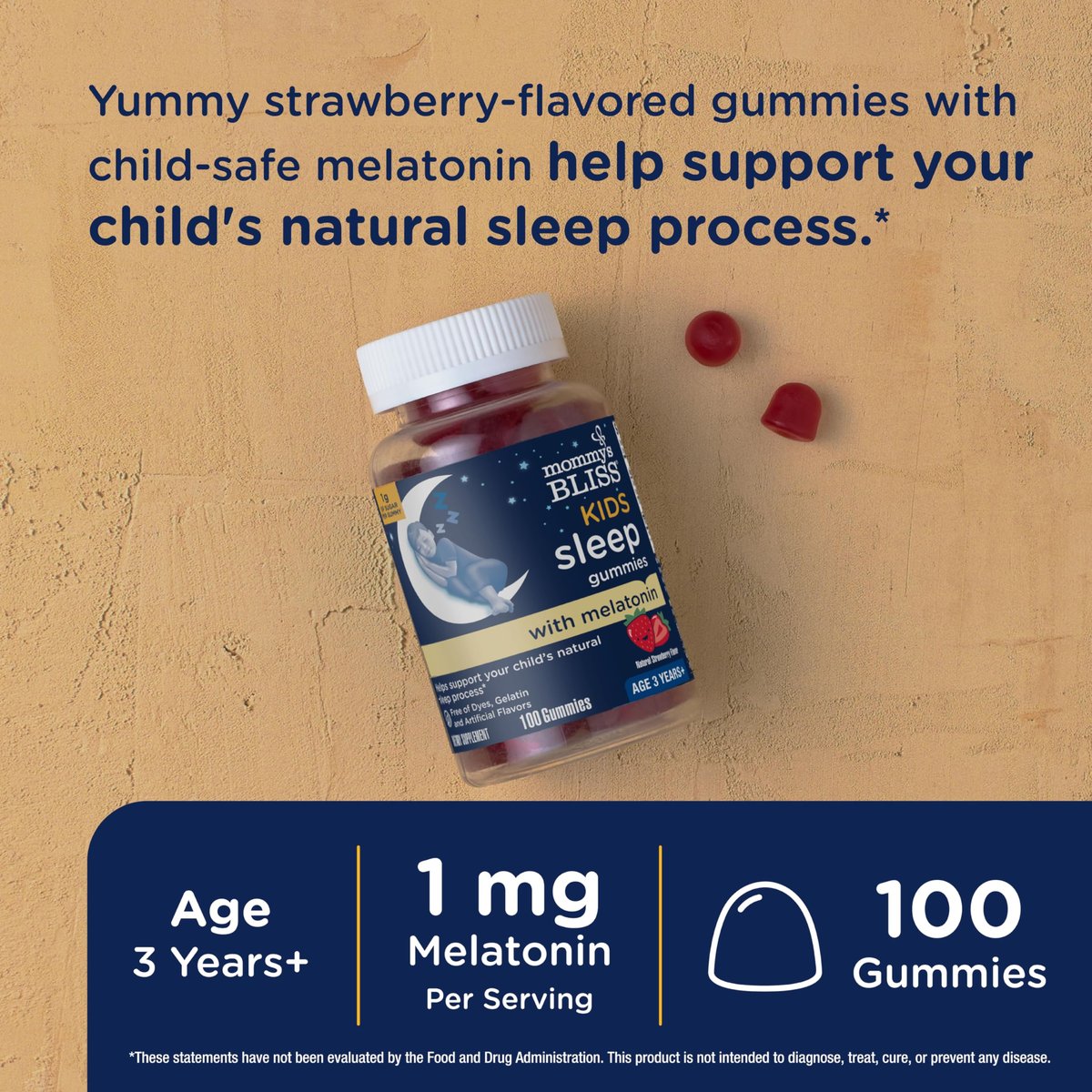 Mommy's Bliss Kids Schlaf Melatonin Gummis, nicht gewohnheitsbildend, ohne künstliche Farbstoffe, Aromen oder Gelatine - ab 3 Jahren - Erdbeergeschmack - 100 Schlafgummis