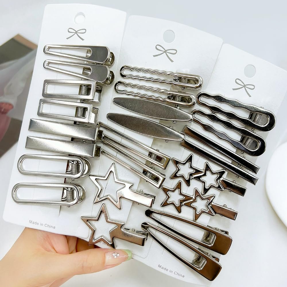 24-teiliges Set silberne Haarklammern für Damen: 12 Paar Metall Pony Haarklammern & Spangen - Alligator-Clips & Stern-Haarspangen zum Stylen