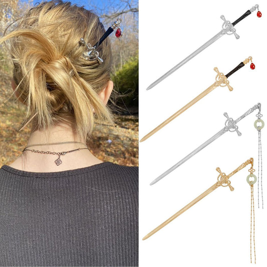 4er-Set Schwert-Haarnadeln aus Metall im Retro-Stil – Antike chinesische Haarpins für Frauen und Männer mit Quasten