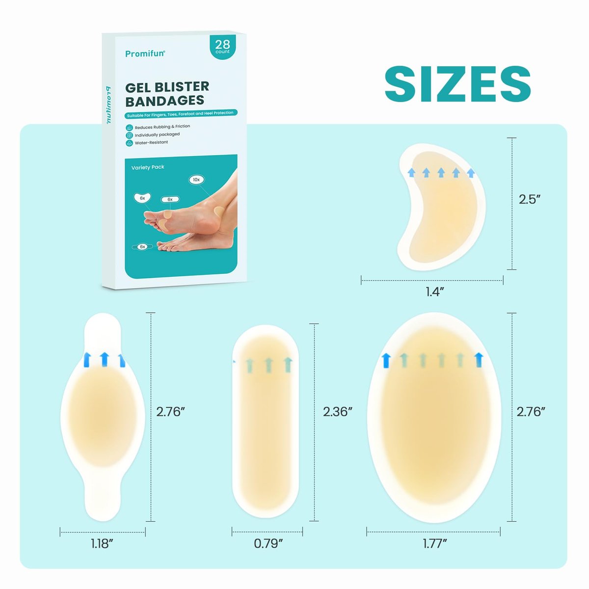 Promifun Blister Pads - 28 Stück wasserresistente Hydrokolloid-Bandagen für Fuß, Zeh, Ferse - Gel-Blasenpflaster zur Vorbeugung und Heilung, Sortiert