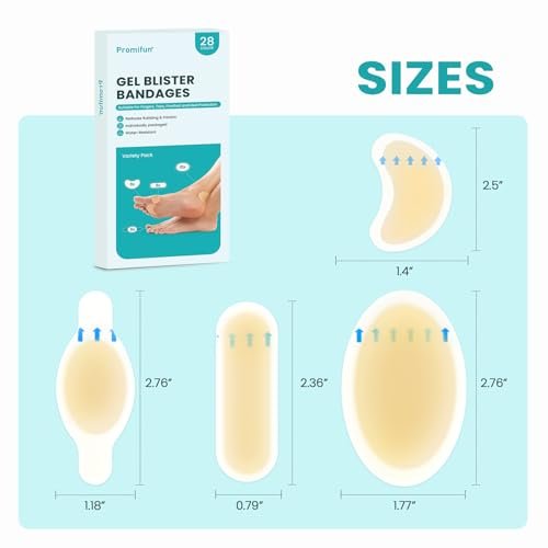 Promifun Blister Pads - 28 Stück wasserresistente Hydrokolloid-Bandagen für Fuß, Zeh, Ferse - Gel-Blasenpflaster zur Vorbeugung und Heilung, Sortiert