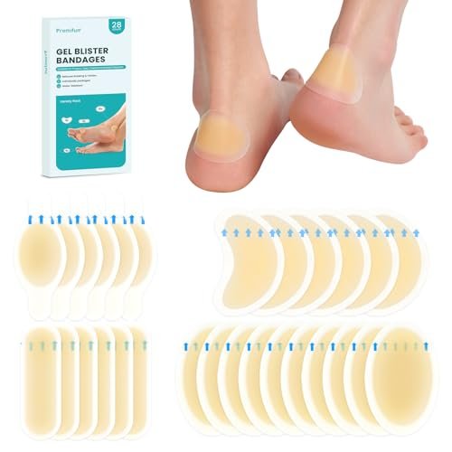 Promifun Blister Pads - 28 Stück wasserresistente Hydrokolloid-Bandagen für Fuß, Zeh, Ferse - Gel-Blasenpflaster zur Vorbeugung und Heilung, Sortiert