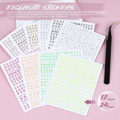 12 Blätter Buchstaben Nagelaufkleber 3D Schwarz Weiß Gold Selbstklebende Buchstaben Nagelsticker Groß Klein Englisch Maniküre Zubehör für Frauen Mädchen DIY Design