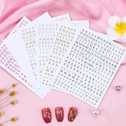 12 Blätter Buchstaben Nagelaufkleber 3D Schwarz Weiß Gold Selbstklebende Buchstaben Nagelsticker Groß Klein Englisch Maniküre Zubehör für Frauen Mädchen DIY Design