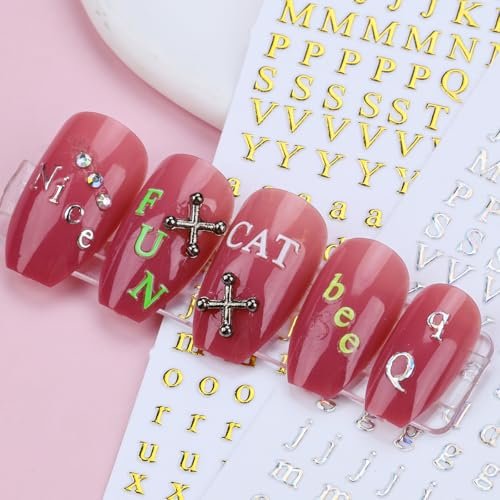 12 Blätter Buchstaben Nagelaufkleber 3D Schwarz Weiß Gold Selbstklebende Buchstaben Nagelsticker Groß Klein Englisch Maniküre Zubehör für Frauen Mädchen DIY Design