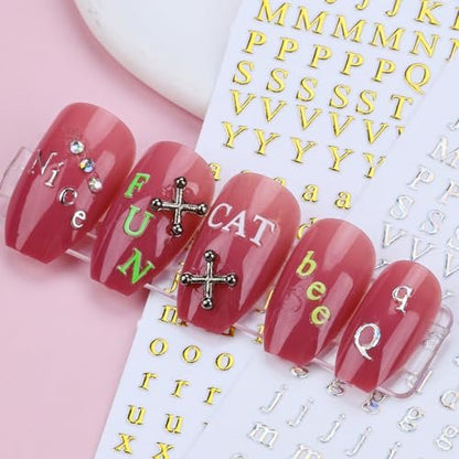 12 Blätter Buchstaben Nagelaufkleber 3D Schwarz Weiß Gold Selbstklebende Buchstaben Nagelsticker Groß Klein Englisch Maniküre Zubehör für Frauen Mädchen DIY Design