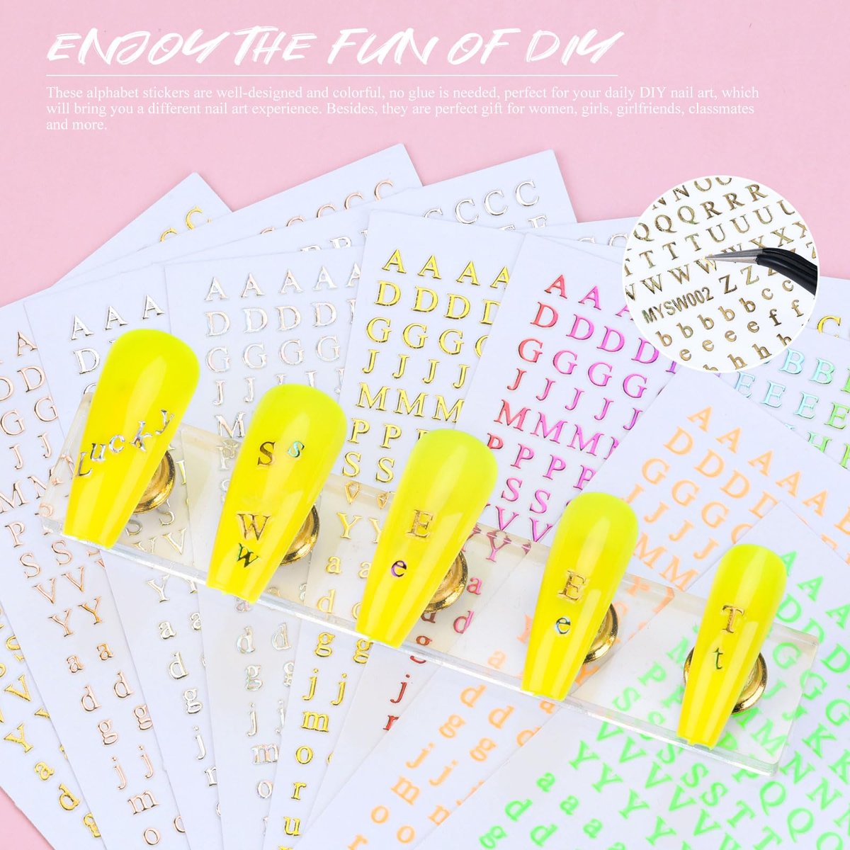 12 Blätter Buchstaben Nagelaufkleber 3D Schwarz Weiß Gold Selbstklebende Buchstaben Nagelsticker Groß Klein Englisch Maniküre Zubehör für Frauen Mädchen DIY Design