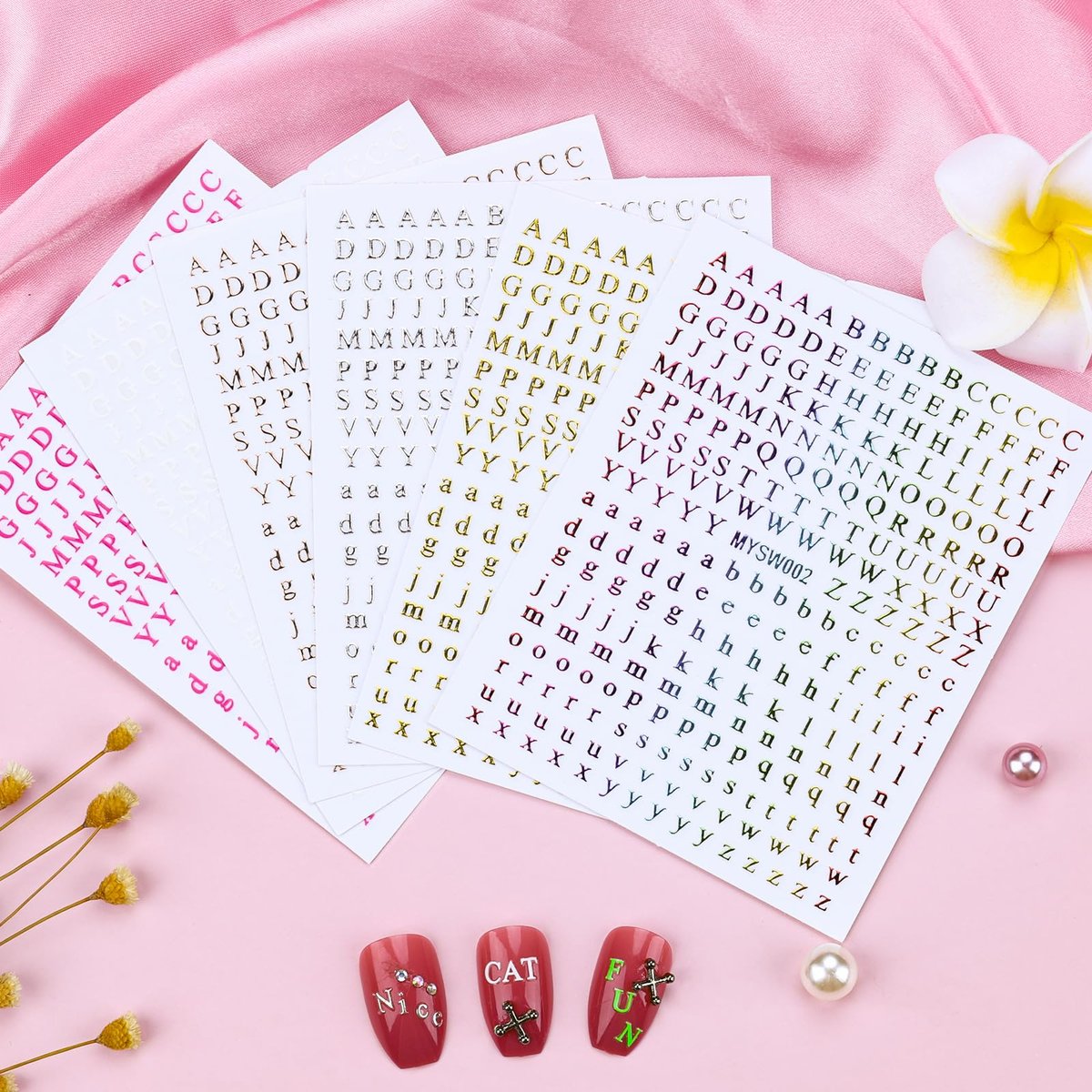 12 Blätter Buchstaben Nagelaufkleber 3D Schwarz Weiß Gold Selbstklebende Buchstaben Nagelsticker Groß Klein Englisch Maniküre Zubehör für Frauen Mädchen DIY Design