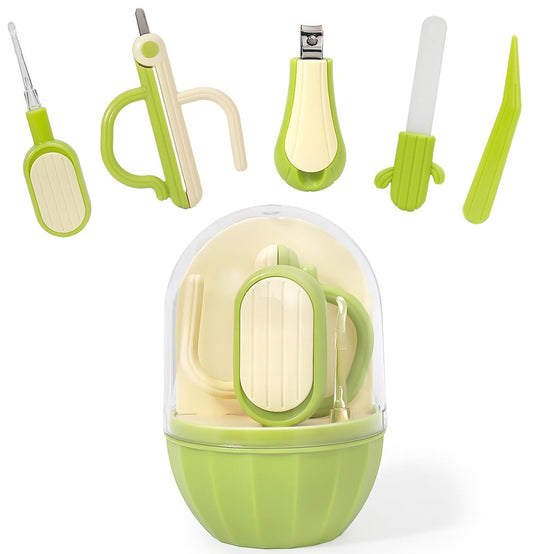 Soltdsp 5-in-1 Baby-Nagelset mit Aufbewahrungsbox, Kaktus-Design – Baby-Nagelknipser, Nagelschere, Nagelfeile, Pinzette & Nasenpicker – unverzichtbare Neuheiten für Babyparty (Grün)