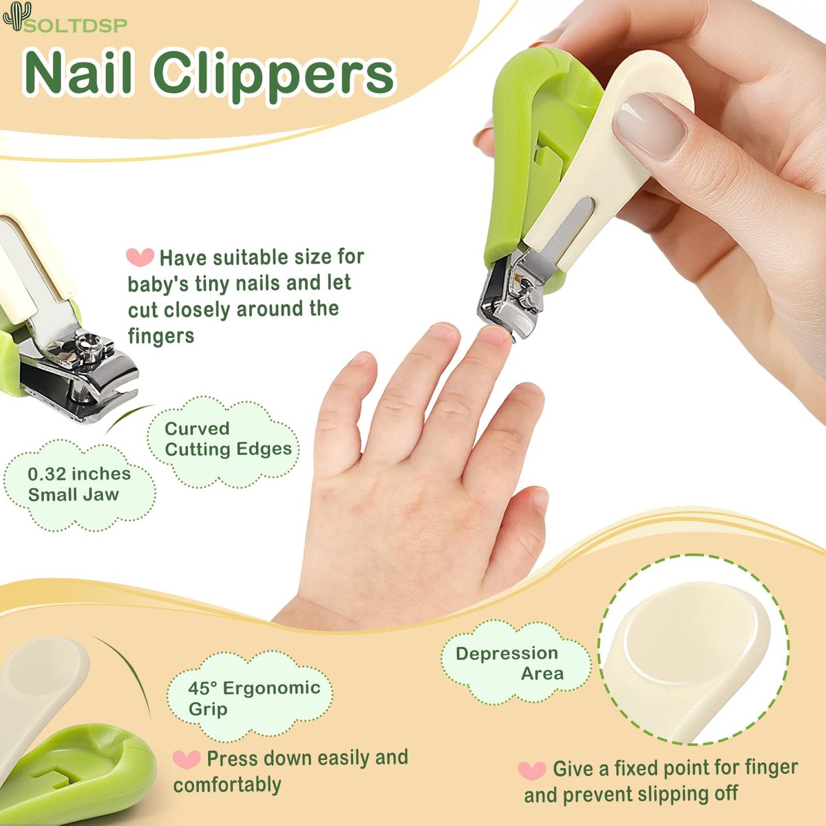 Soltdsp 5-in-1 Baby-Nagelset mit Aufbewahrungsbox, Kaktus-Design – Baby-Nagelknipser, Nagelschere, Nagelfeile, Pinzette & Nasenpicker – unverzichtbare Neuheiten für Babyparty (Grün)