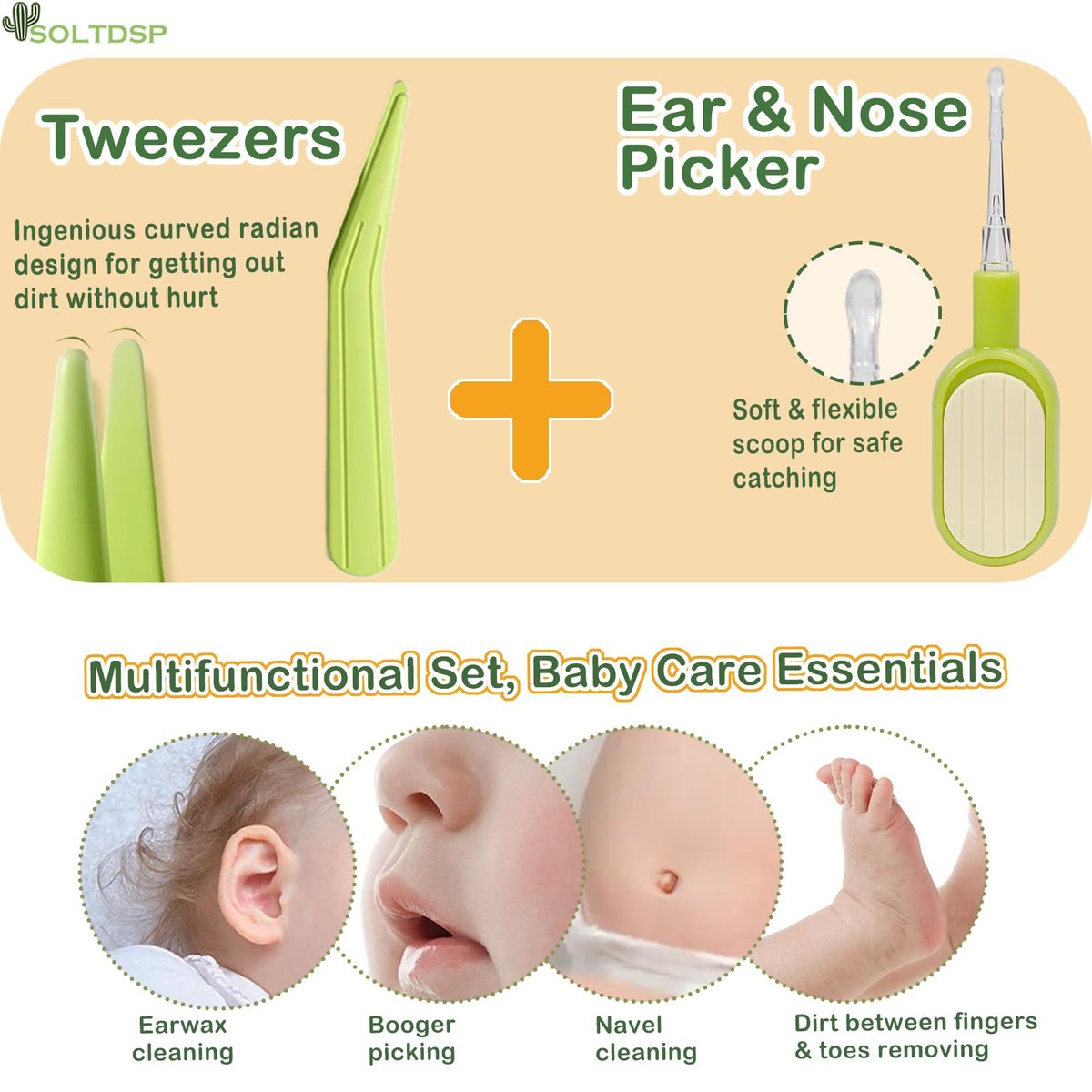 Soltdsp 5-in-1 Baby-Nagelset mit Aufbewahrungsbox, Kaktus-Design – Baby-Nagelknipser, Nagelschere, Nagelfeile, Pinzette & Nasenpicker – unverzichtbare Neuheiten für Babyparty (Grün)
