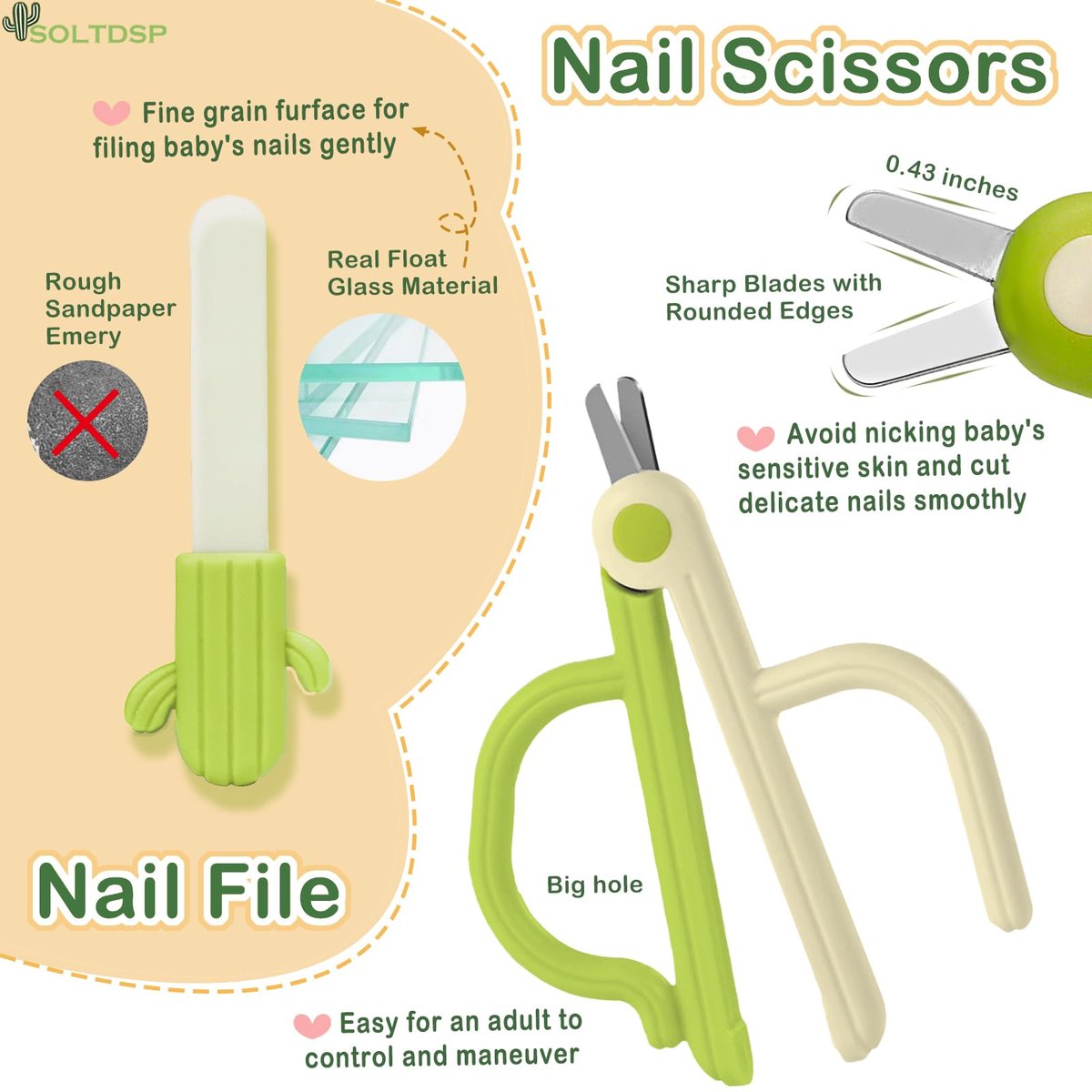Soltdsp 5-in-1 Baby-Nagelset mit Aufbewahrungsbox, Kaktus-Design – Baby-Nagelknipser, Nagelschere, Nagelfeile, Pinzette & Nasenpicker – unverzichtbare Neuheiten für Babyparty (Grün)