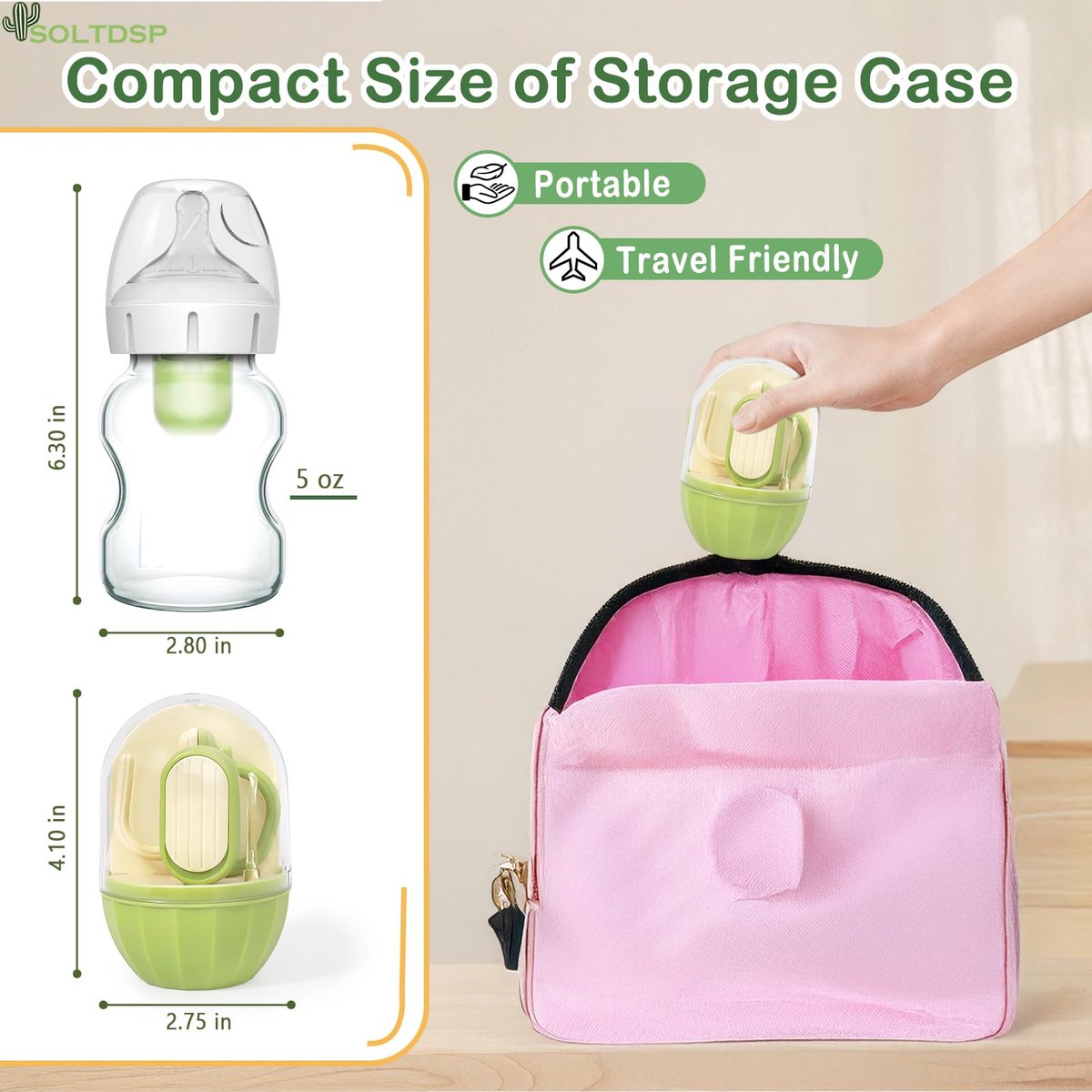 Soltdsp 5-in-1 Baby-Nagelset mit Aufbewahrungsbox, Kaktus-Design – Baby-Nagelknipser, Nagelschere, Nagelfeile, Pinzette & Nasenpicker – unverzichtbare Neuheiten für Babyparty (Grün)