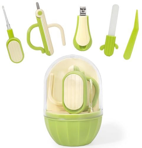 Soltdsp 5-in-1 Baby-Nagelset mit Aufbewahrungsbox, Kaktus-Design – Baby-Nagelknipser, Nagelschere, Nagelfeile, Pinzette & Nasenpicker – unverzichtbare Neuheiten für Babyparty (Grün)