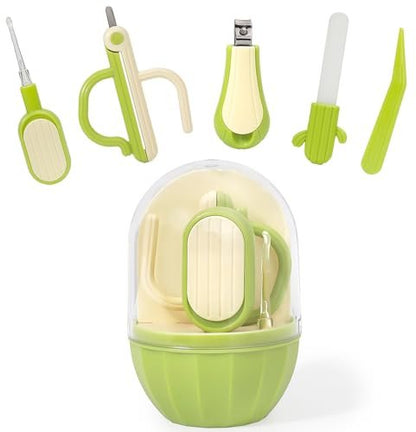 Soltdsp 5-in-1 Baby-Nagelset mit Aufbewahrungsbox, Kaktus-Design – Baby-Nagelknipser, Nagelschere, Nagelfeile, Pinzette & Nasenpicker – unverzichtbare Neuheiten für Babyparty (Grün)