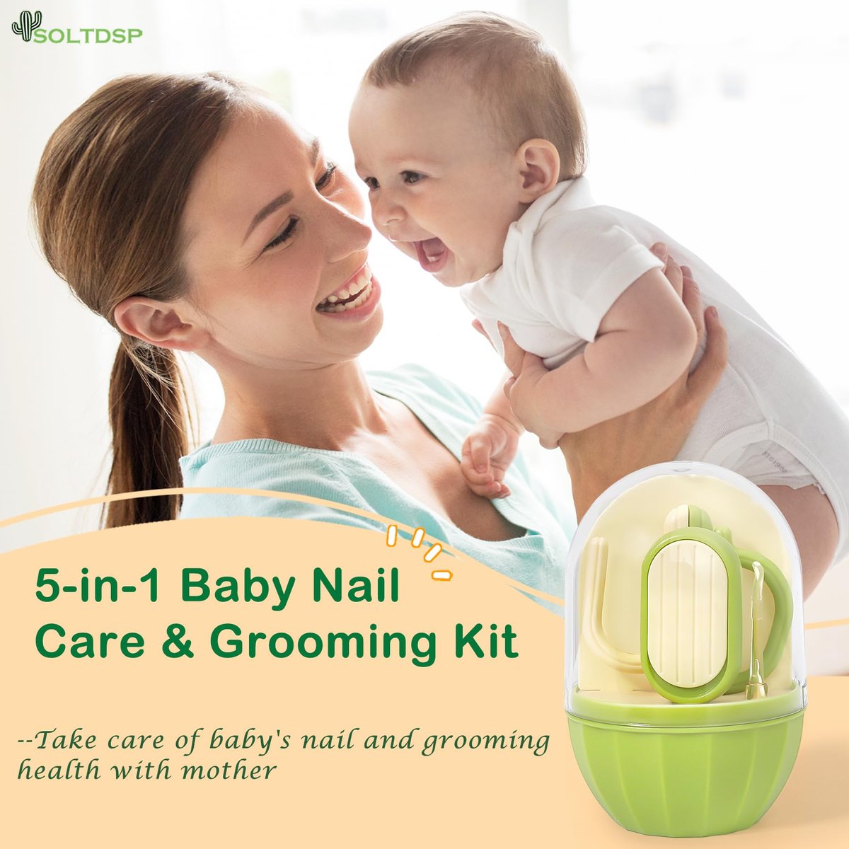 Soltdsp 5-in-1 Baby-Nagelset mit Aufbewahrungsbox, Kaktus-Design – Baby-Nagelknipser, Nagelschere, Nagelfeile, Pinzette & Nasenpicker – unverzichtbare Neuheiten für Babyparty (Grün)