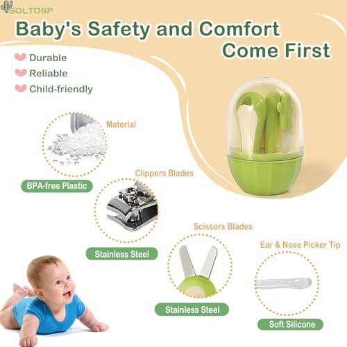 Soltdsp 5-in-1 Baby-Nagelset mit Aufbewahrungsbox, Kaktus-Design – Baby-Nagelknipser, Nagelschere, Nagelfeile, Pinzette & Nasenpicker – unverzichtbare Neuheiten für Babyparty (Grün)