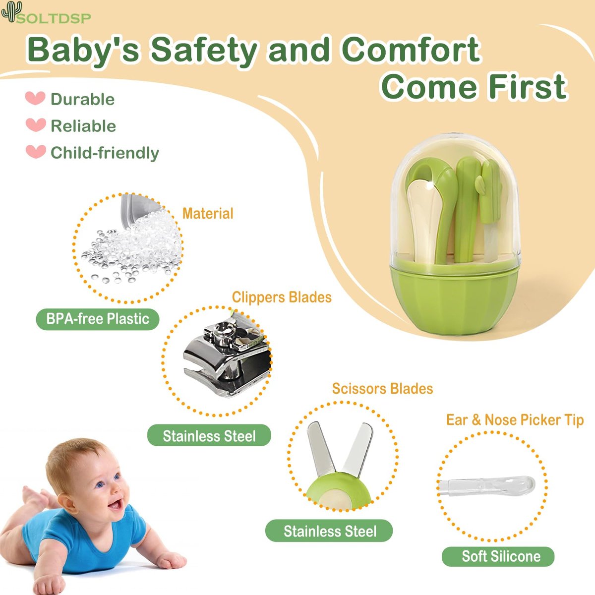 Soltdsp 5-in-1 Baby-Nagelset mit Aufbewahrungsbox, Kaktus-Design – Baby-Nagelknipser, Nagelschere, Nagelfeile, Pinzette & Nasenpicker – unverzichtbare Neuheiten für Babyparty (Grün)