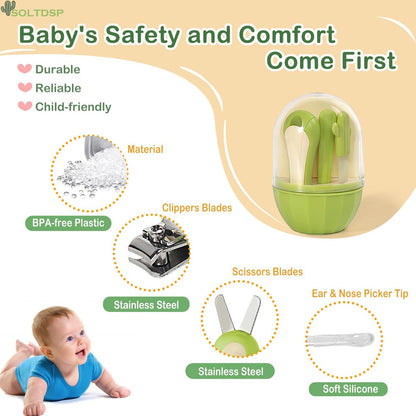 Soltdsp 5-in-1 Baby-Nagelset mit Aufbewahrungsbox, Kaktus-Design – Baby-Nagelknipser, Nagelschere, Nagelfeile, Pinzette & Nasenpicker – unverzichtbare Neuheiten für Babyparty (Grün)